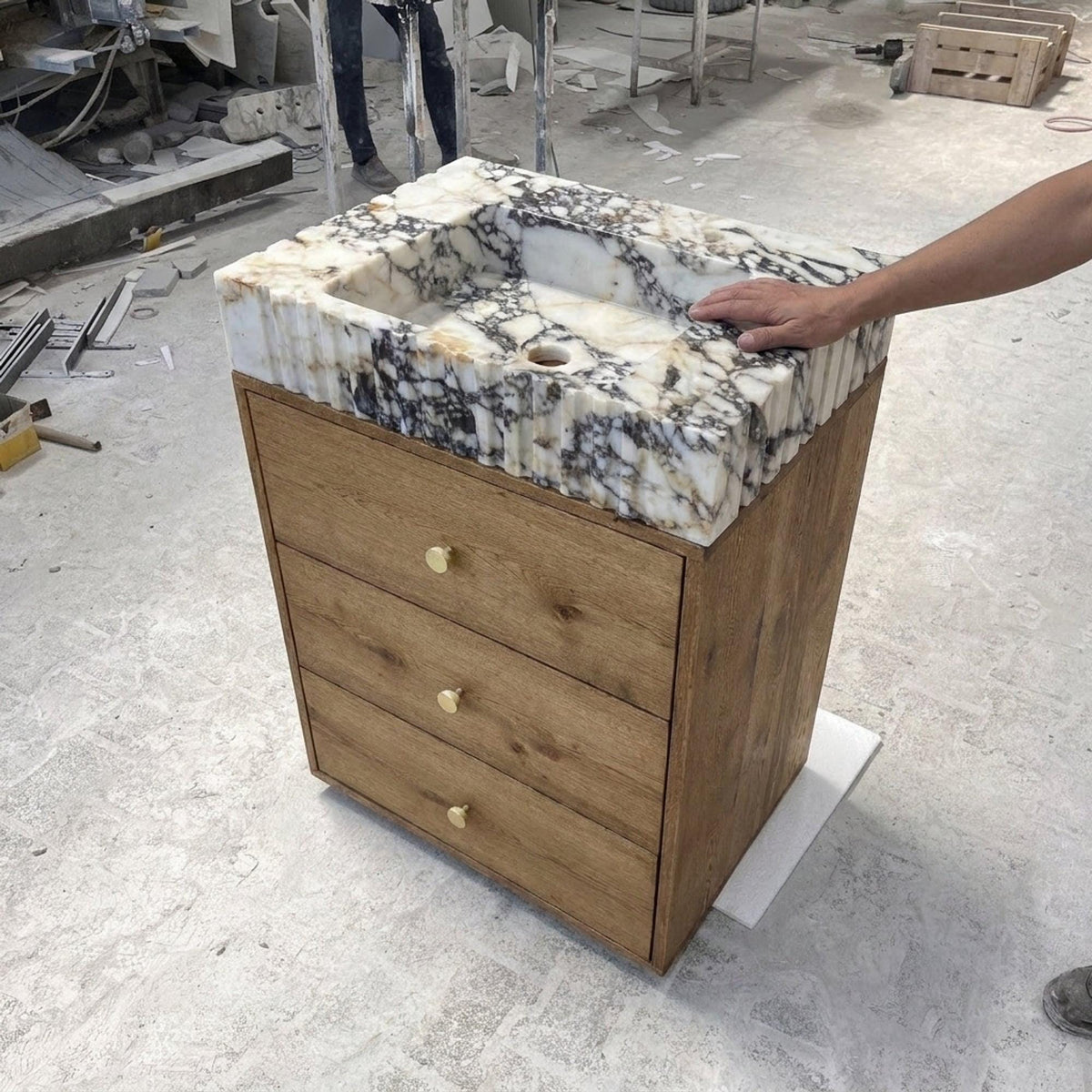 Calacatta Viola Sink | Calacatta Viola Fluted Marble Vanity Sink with Wood Vanity and Hand Carved Detail, Small Batch Made to Order — view 3