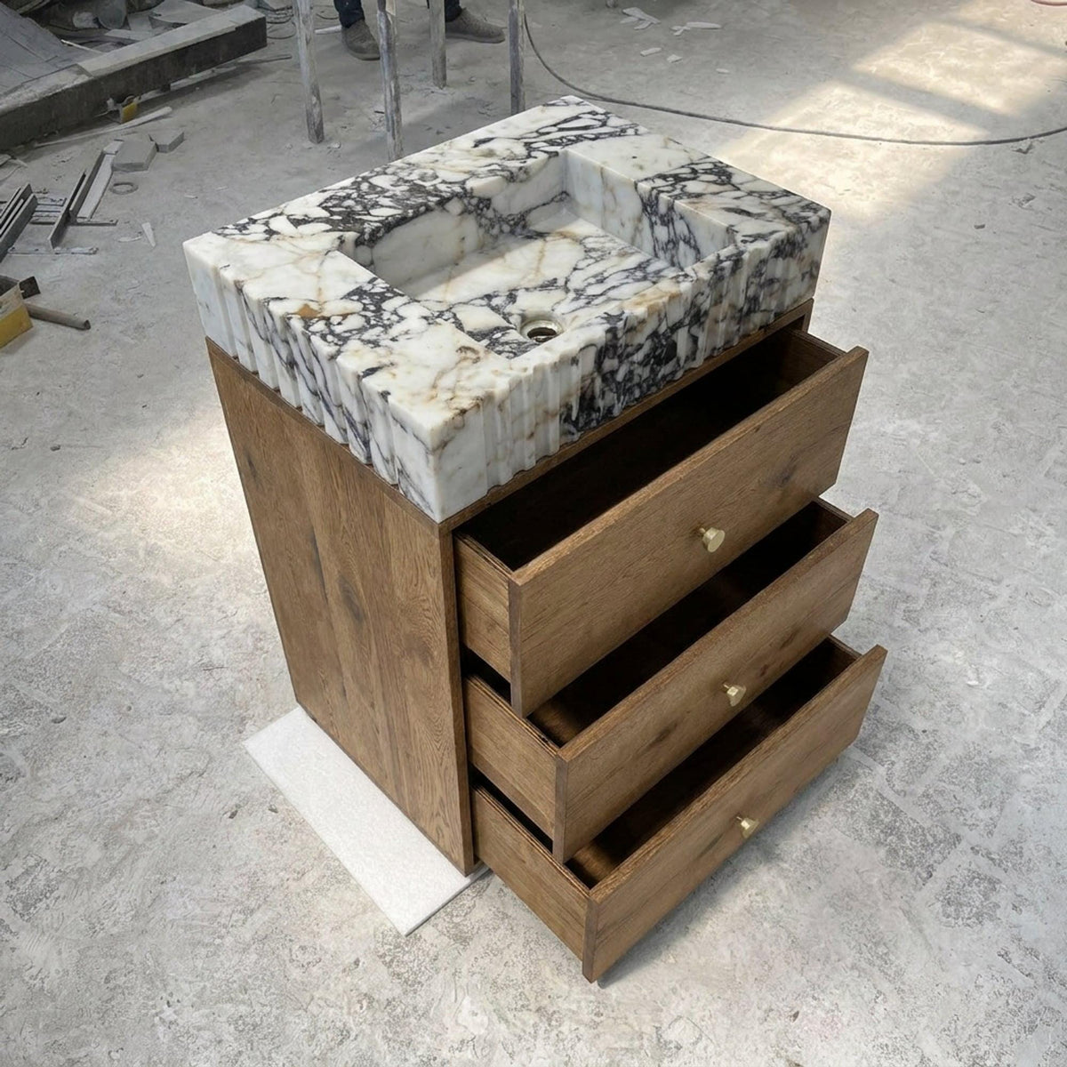 Calacatta Viola Sink | Calacatta Viola Fluted Marble Vanity Sink with Wood Vanity and Hand Carved Detail, Small Batch Made to Order — view 16