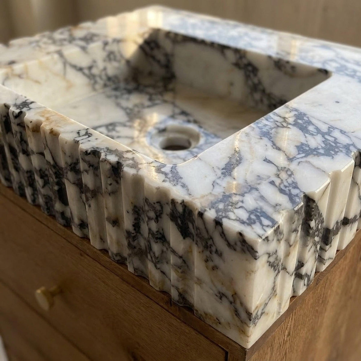 Calacatta Viola Sink | Calacatta Viola Fluted Marble Vanity Sink with Wood Vanity and Hand Carved Detail, Small Batch Made to Order — view 15