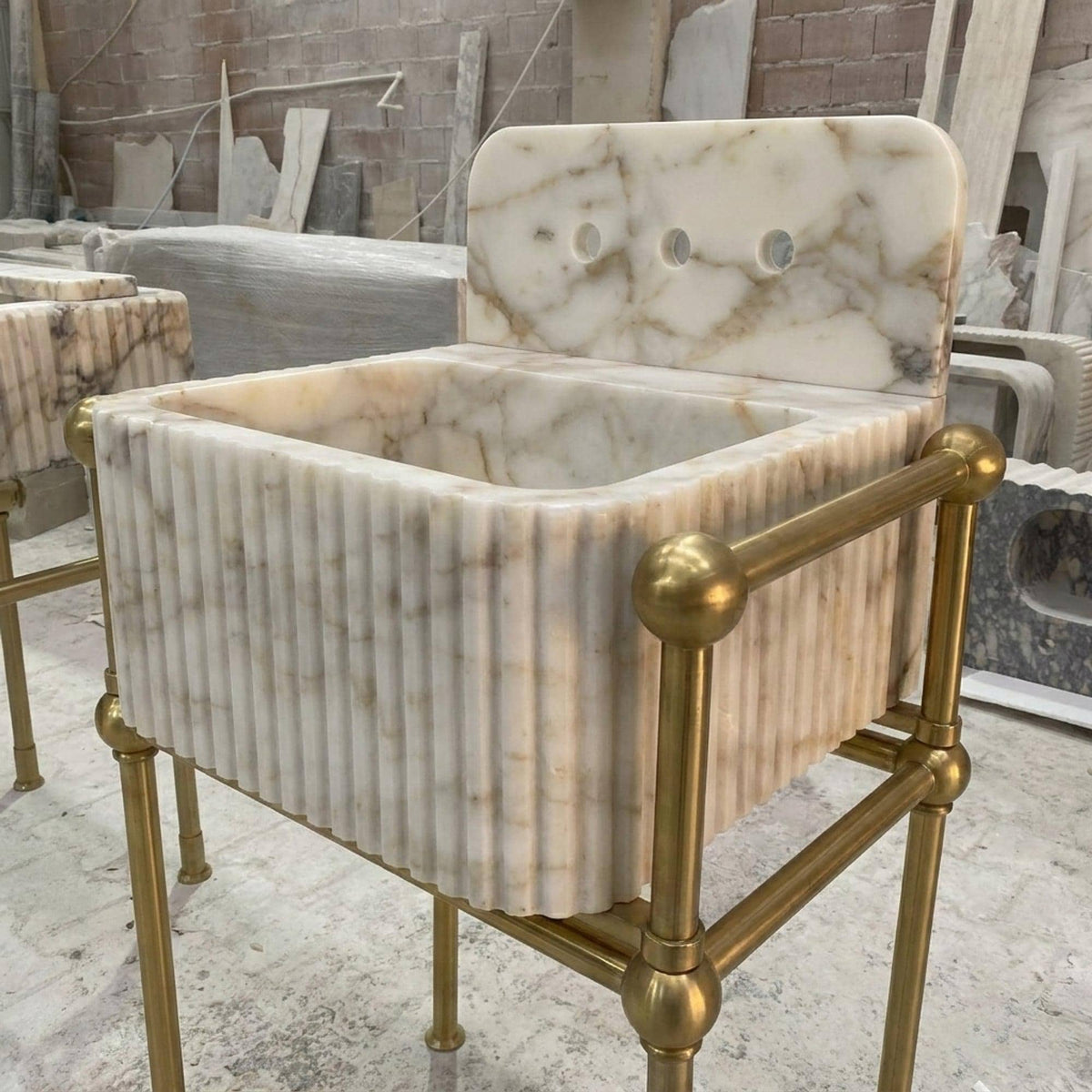 Fluted Calacatta Gold Floating Marble Basin with Backsplash and Optional Metal Stand, Small Batch Made to Order — view 3