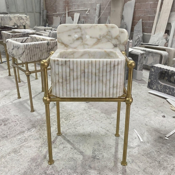 Fluted Calacatta Gold Floating Marble Basin with Backsplash and Optional Metal Stand, Small Batch Made to Order hover