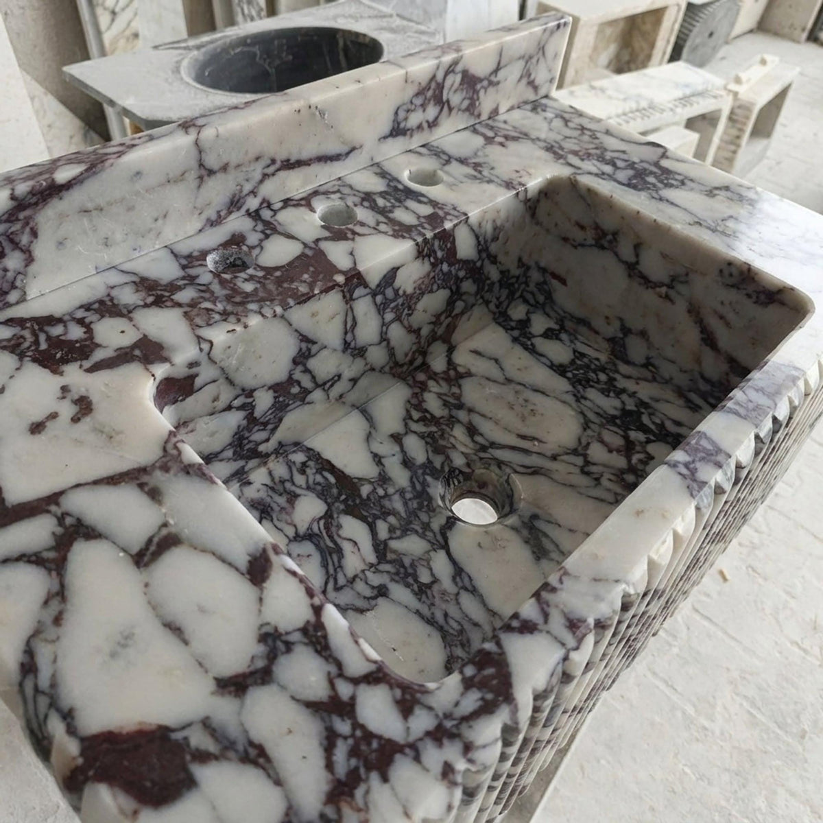 Calacatta Viola Sink | Calacatta Viola Fluted Wall Mounted Marble Sink with Backsplash and Hand Carved Detail, Small Batch Made to Order — view 11