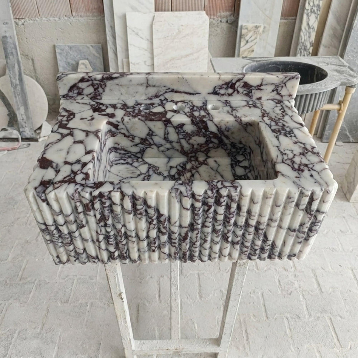 Calacatta Viola Sink | Calacatta Viola Fluted Wall Mounted Marble Sink with Backsplash and Hand Carved Detail, Small Batch Made to Order — view 4