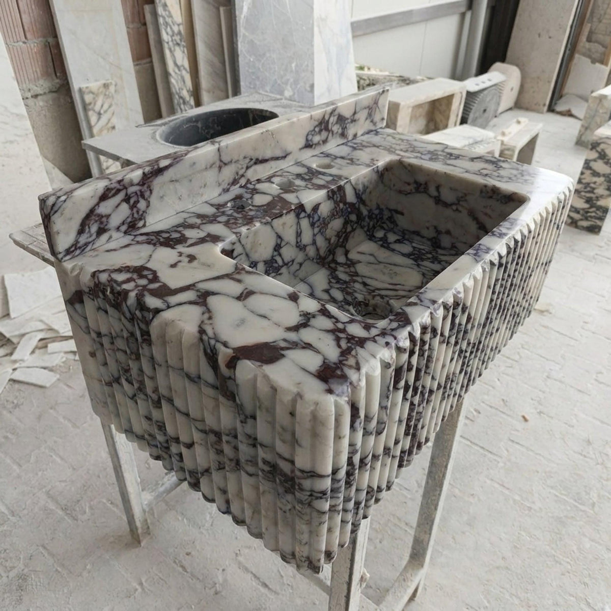 Calacatta Viola Sink | Calacatta Viola Fluted Wall Mounted Marble Sink with Backsplash and Hand Carved Detail, Small Batch Made to Order — view 14