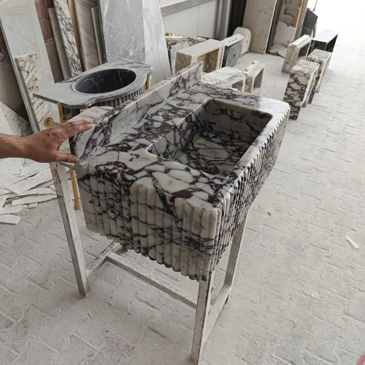 Calacatta Viola Sink | Calacatta Viola Fluted Wall Mounted Marble Sink with Backsplash and Hand Carved Detail, Small Batch Made to Order — view 2