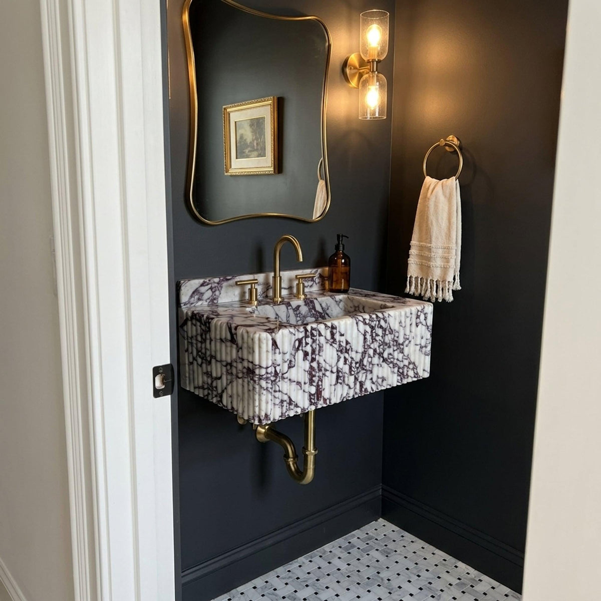 Calacatta Viola Sink | Calacatta Viola Fluted Wall Mounted Marble Sink with Backsplash and Hand Carved Detail, Small Batch Made to Order — view 1