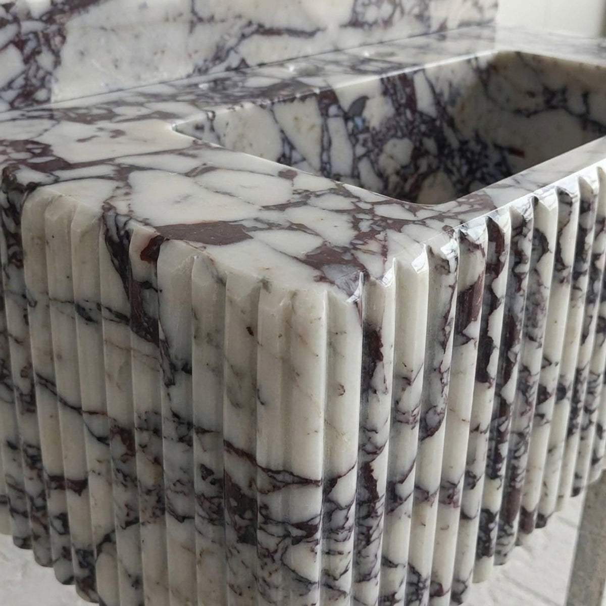 Calacatta Viola Sink | Calacatta Viola Fluted Wall Mounted Marble Sink with Backsplash and Hand Carved Detail, Small Batch Made to Order — view 13
