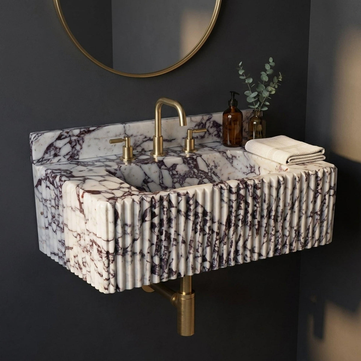 Calacatta Viola Sink | Calacatta Viola Fluted Wall Mounted Marble Sink with Backsplash and Hand Carved Detail, Small Batch Made to Order — view 15