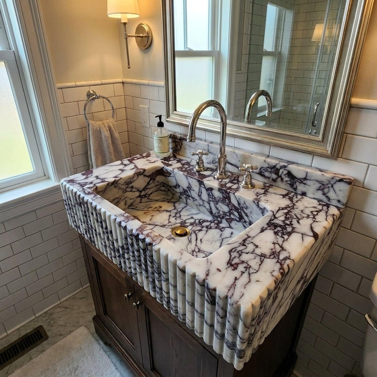 Calacatta Viola Sink | Calacatta Viola Fluted Wall Mounted Marble Sink with Backsplash and Hand Carved Detail, Small Batch Made to Order — view 16