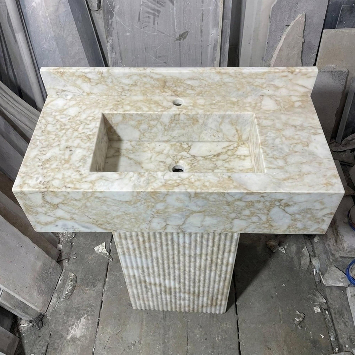 Calacatta Gold Sink | Fluted Calacatta Gold Floating Marble Basin with Backsplash and Hand Carved Detail, Small Batch Made to Order — view 2