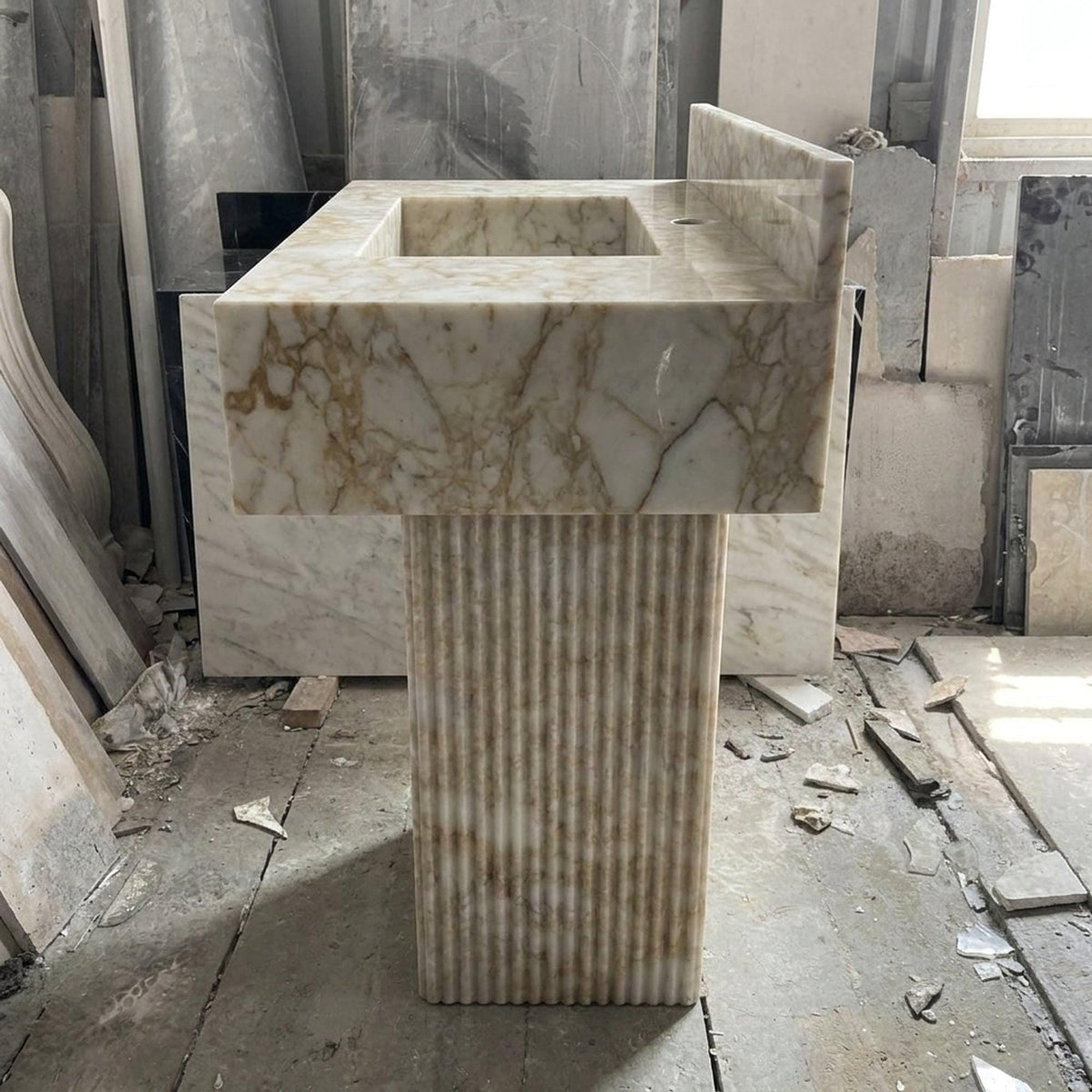 Calacatta Gold Sink | Fluted Calacatta Gold Floating Marble Basin with Backsplash and Hand Carved Detail, Small Batch Made to Order — view 3