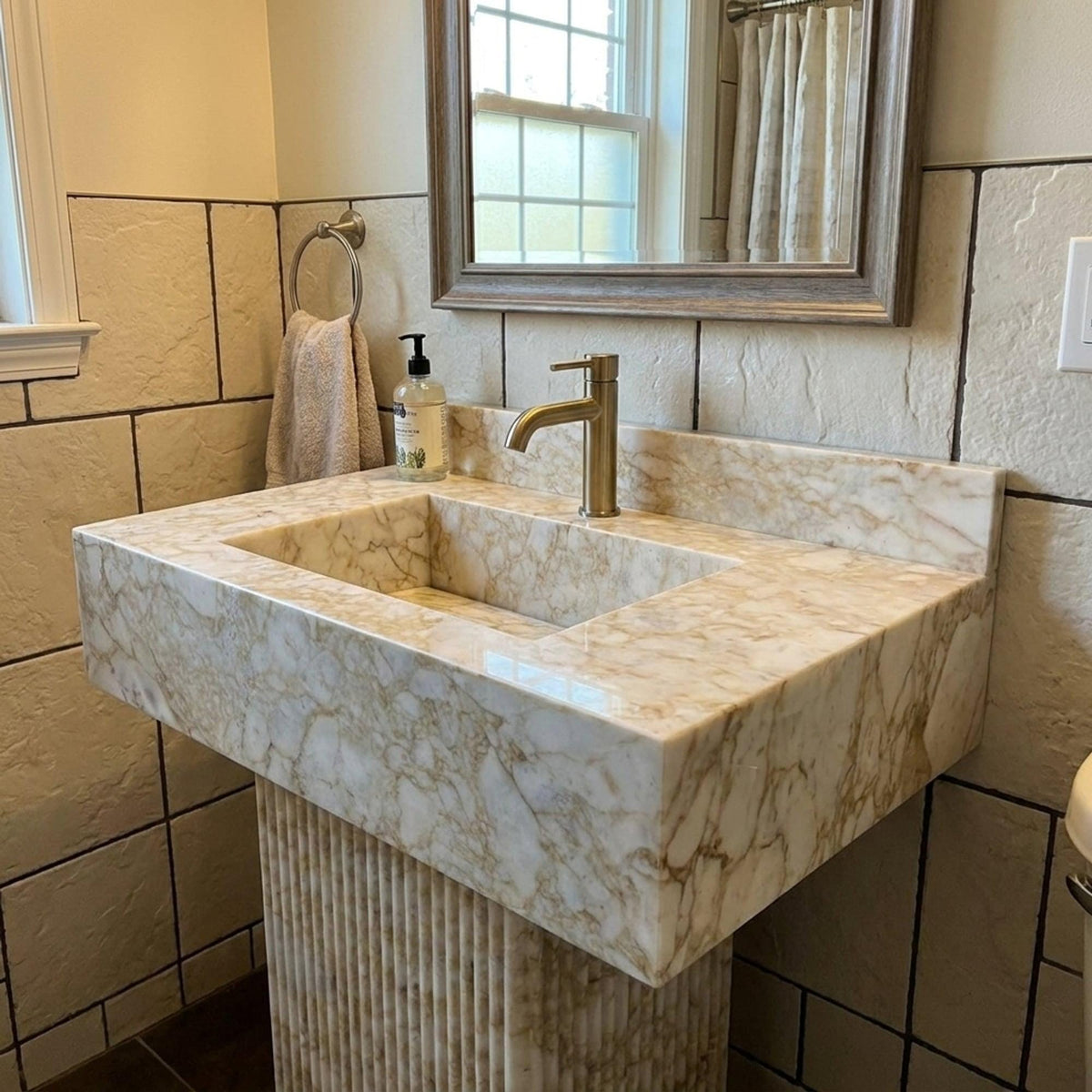Calacatta Gold Sink | Fluted Calacatta Gold Floating Marble Basin with Backsplash and Hand Carved Detail, Small Batch Made to Order — view 13