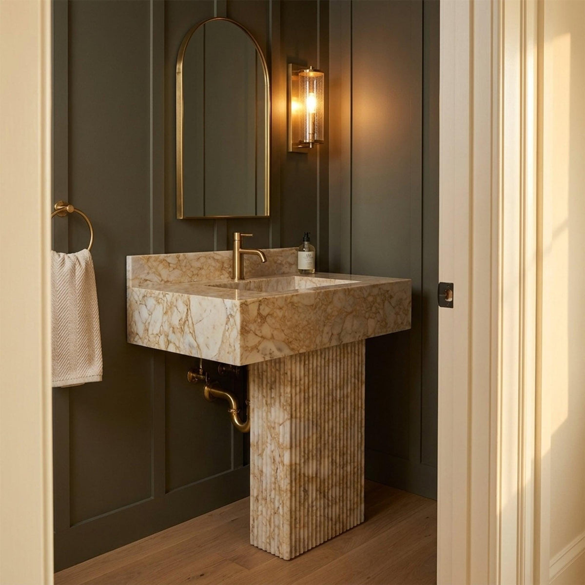 Calacatta Gold Sink | Fluted Calacatta Gold Floating Marble Basin with Backsplash and Hand Carved Detail, Small Batch Made to Order — view 1