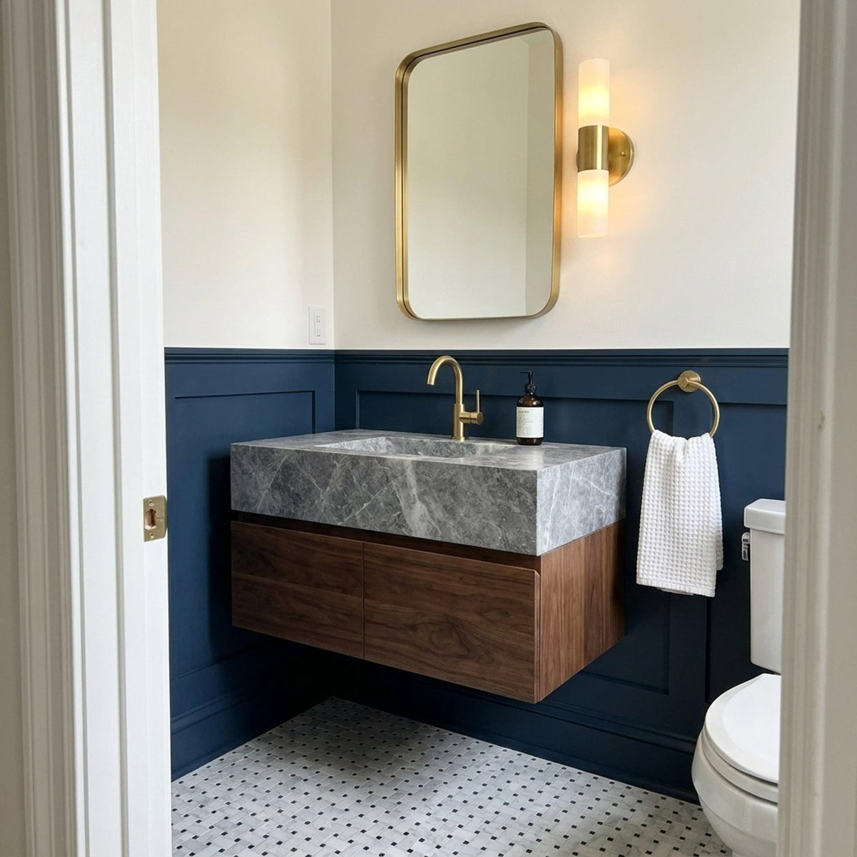 Hand Carved Grey Marble Vanity Basin with Wood Vanity, Small Batch Made to Order — view 16