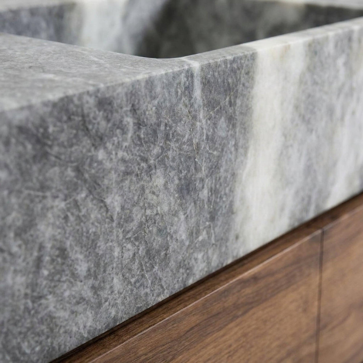 Hand Carved Grey Marble Vanity Basin with Wood Vanity, Small Batch Made to Order — view 7