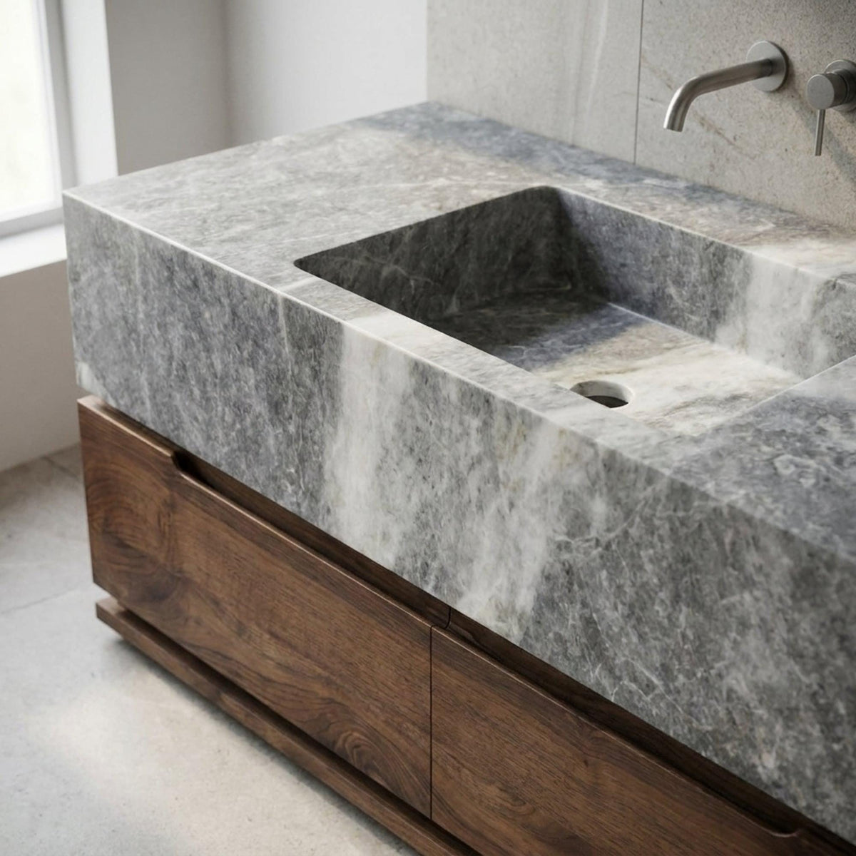 Hand Carved Grey Marble Vanity Basin with Wood Vanity, Small Batch Made to Order — view 8