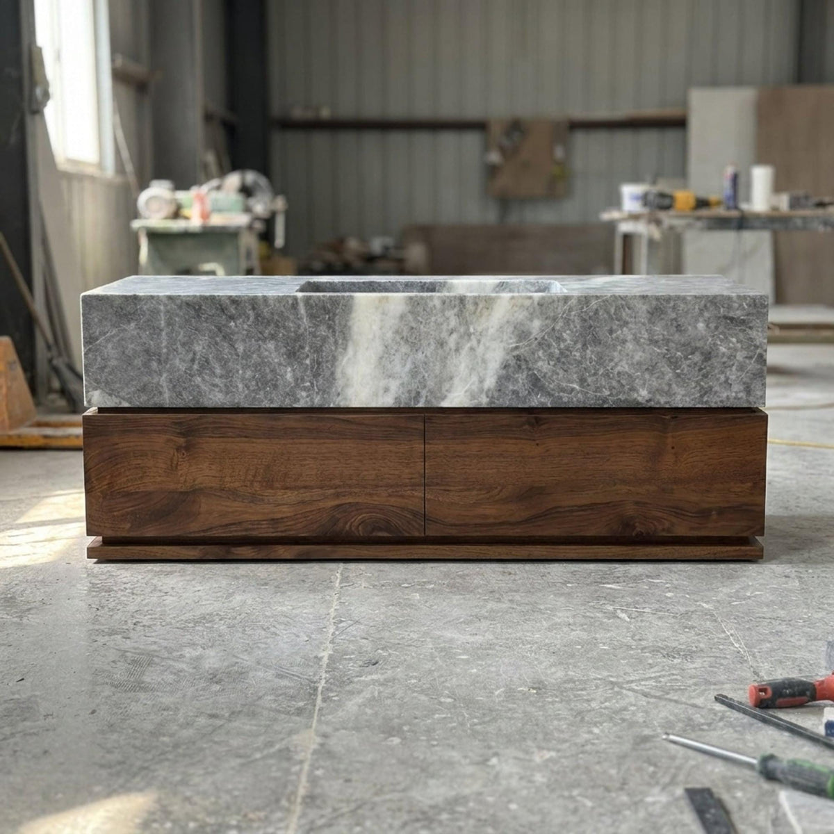 Hand Carved Grey Marble Vanity Basin with Wood Vanity, Small Batch Made to Order — view 2