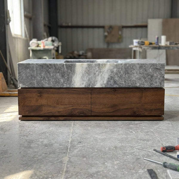 Hand Carved Grey Marble Vanity Basin with Wood Vanity, Small Batch Made to Order hover