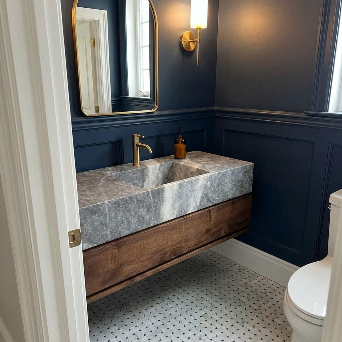 Hand Carved Grey Marble Vanity Basin with Wood Vanity, Small Batch Made to Order — view 1