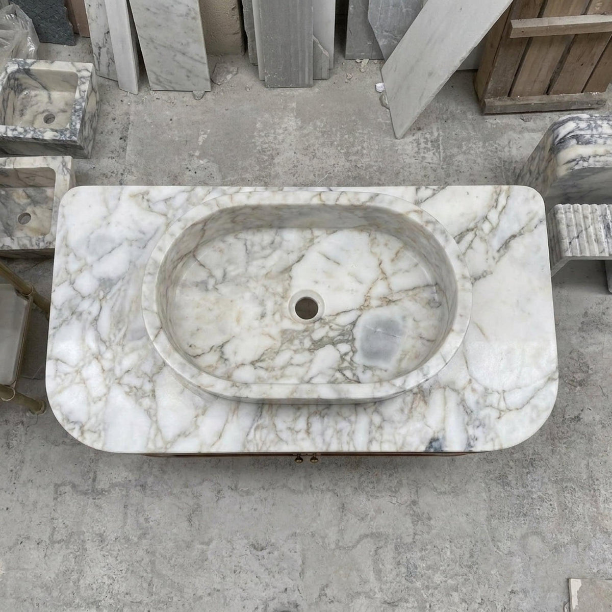 Hand Carved Calacatta Gold Marble Vanity Basin with Wood Vanity, Small Batch Made to Order — view 6