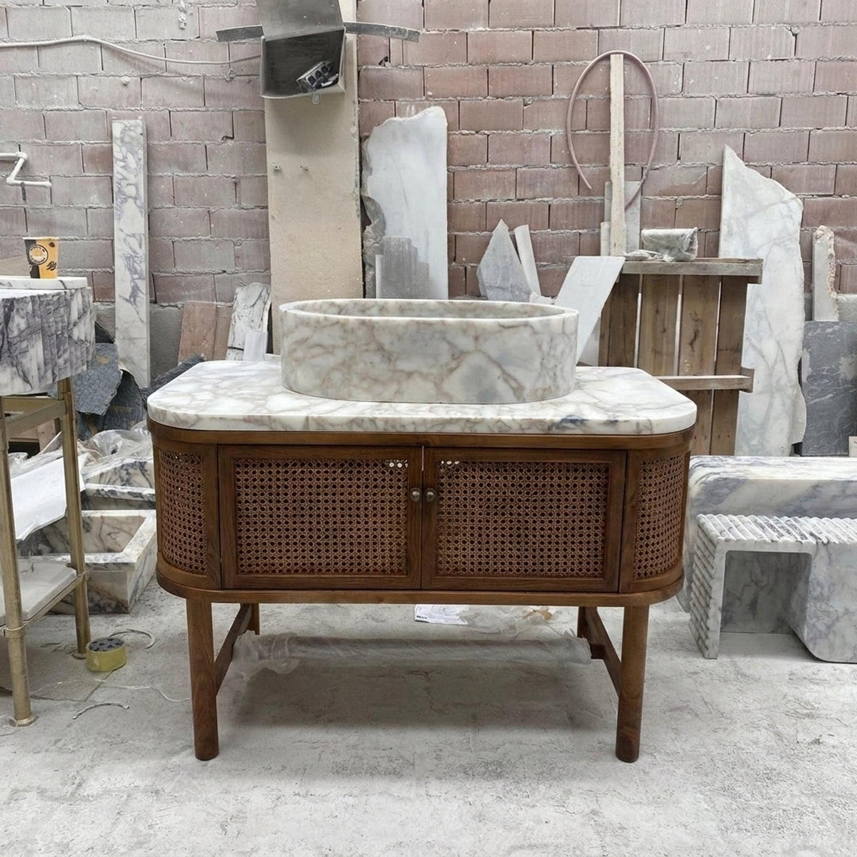 Hand Carved Calacatta Gold Marble Vanity Basin with Wood Vanity, Small Batch Made to Order — view 2