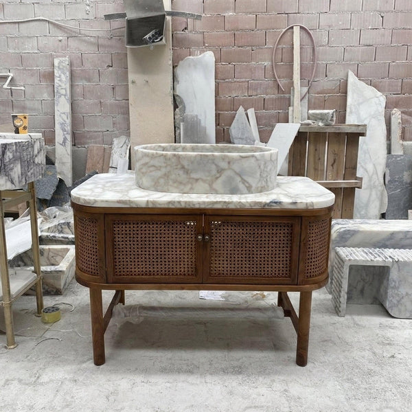 Hand Carved Calacatta Gold Marble Vanity Basin with Wood Vanity, Small Batch Made to Order hover