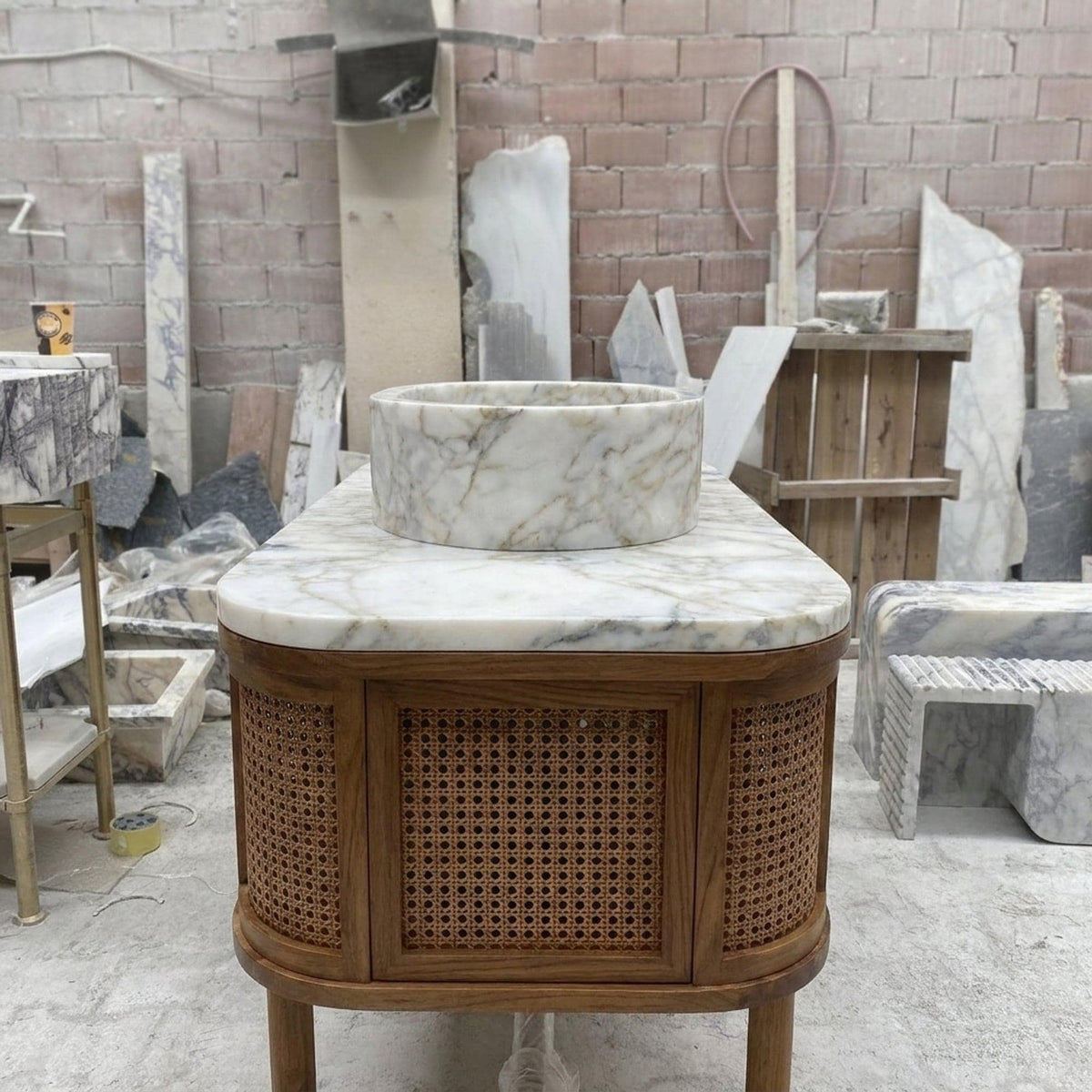 Hand Carved Calacatta Gold Marble Vanity Basin with Wood Vanity, Small Batch Made to Order — view 3