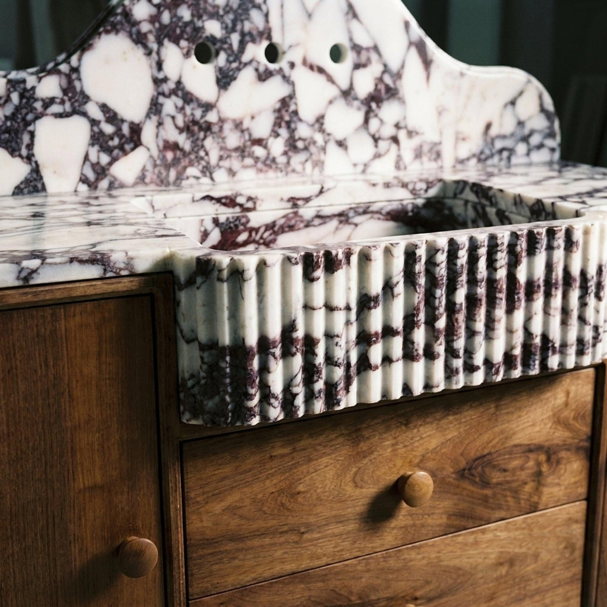 Viola Marble Sink | Fluted Calacatta Viola Marble Vanity Basin with Backsplash and Wood Vanity, Small Batch Made to Order — view 12