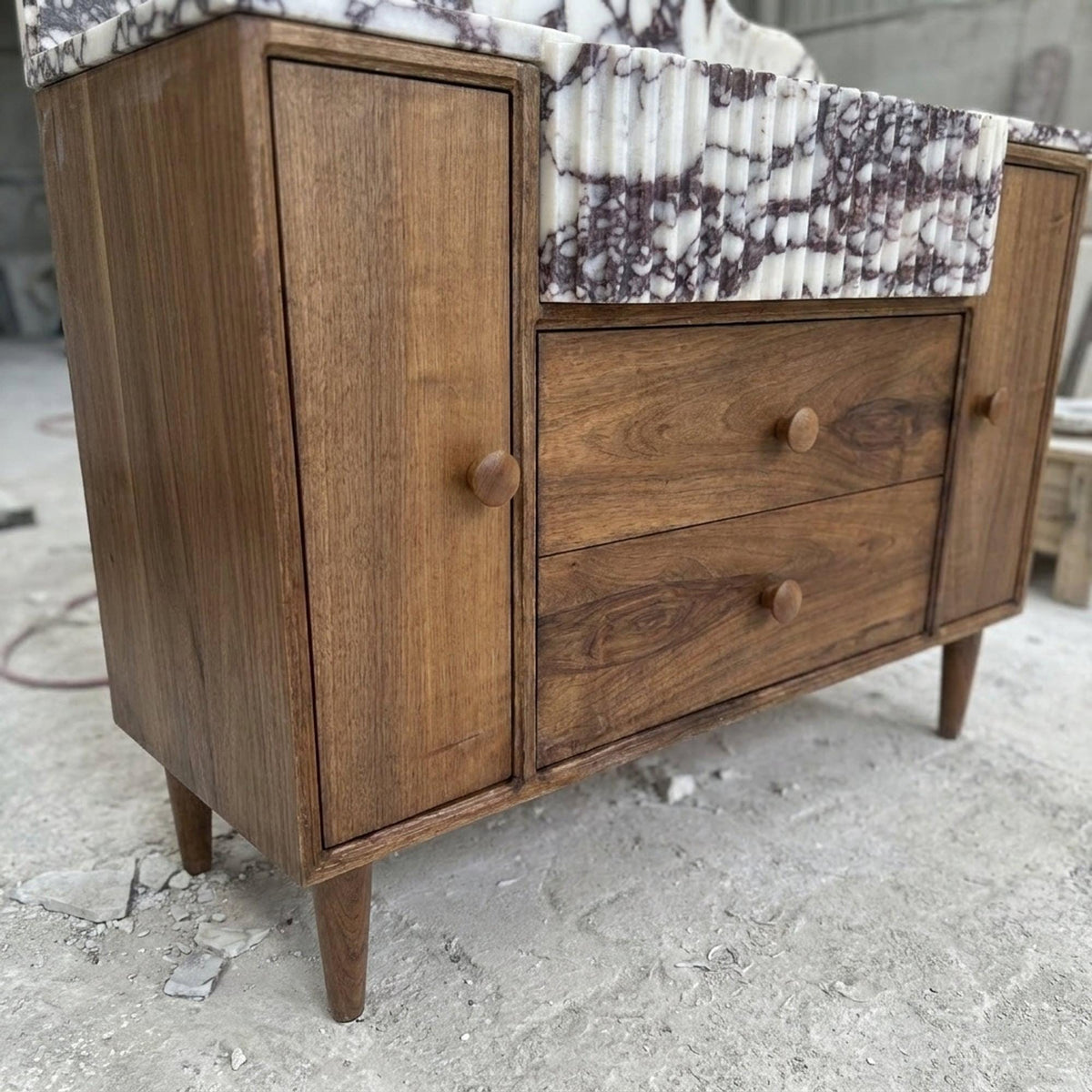 Viola Marble Sink | Fluted Calacatta Viola Marble Vanity Basin with Backsplash and Wood Vanity, Small Batch Made to Order — view 5