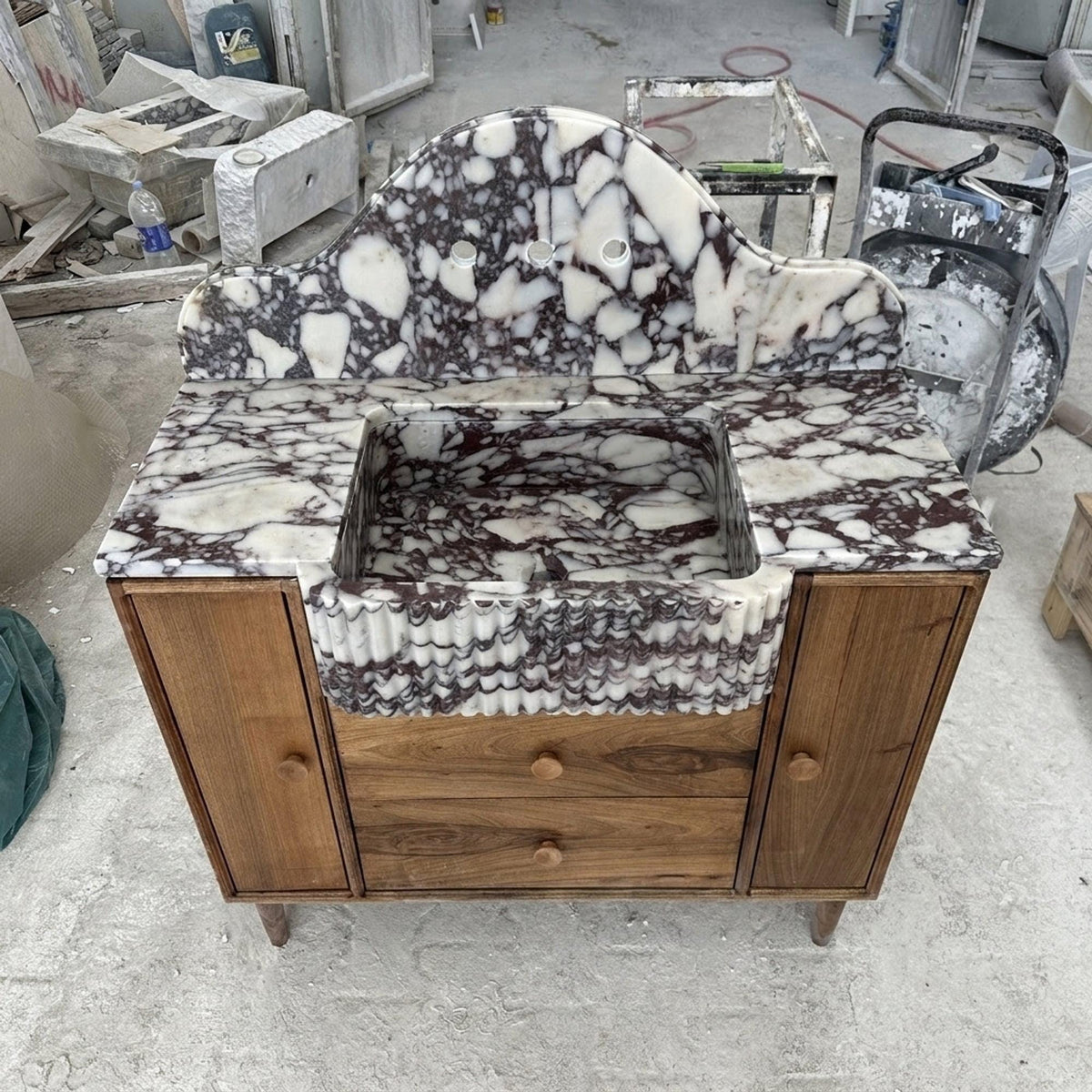 Viola Marble Sink | Fluted Calacatta Viola Marble Vanity Basin with Backsplash and Wood Vanity, Small Batch Made to Order — view 3