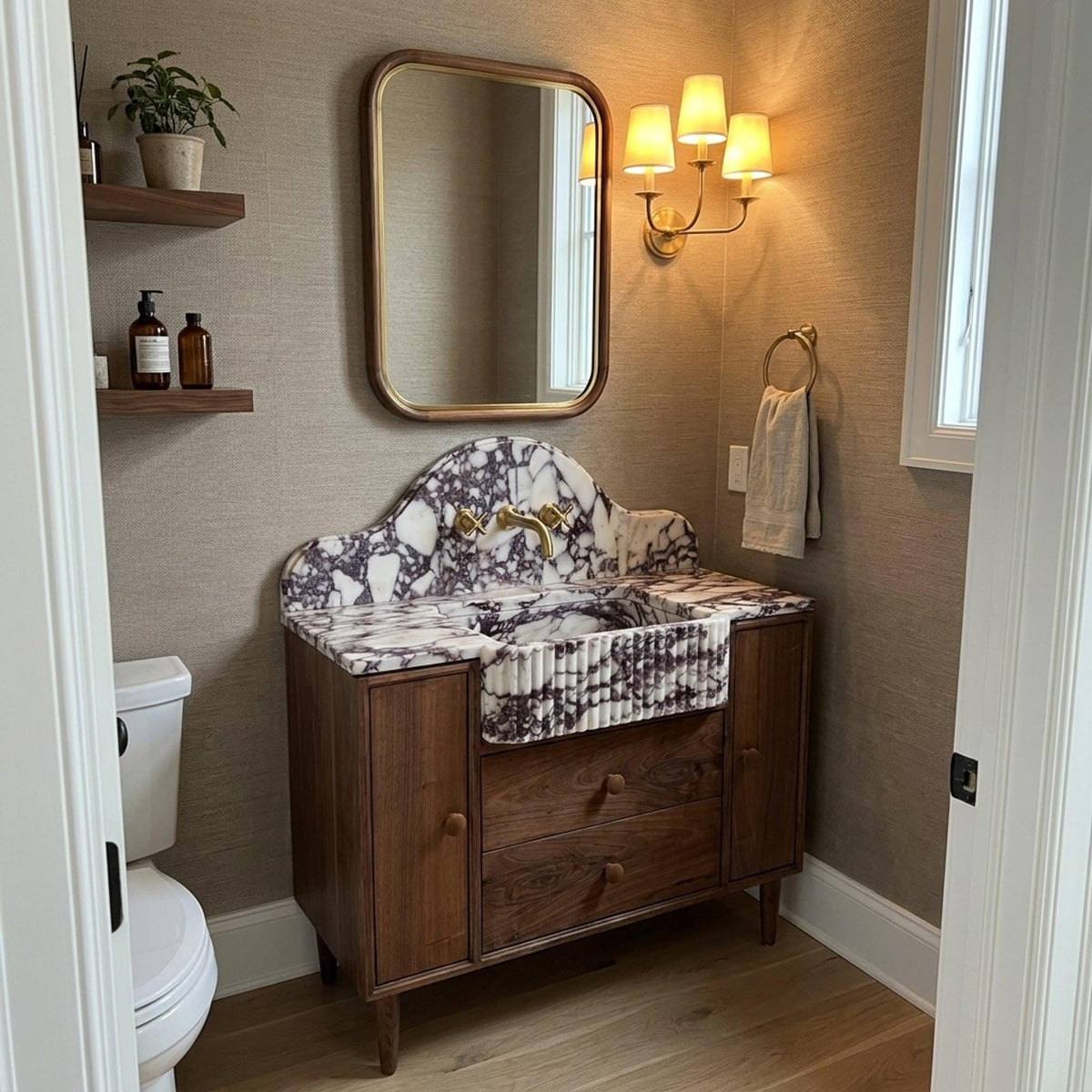 Viola Marble Sink | Fluted Calacatta Viola Marble Vanity Basin with Backsplash and Wood Vanity, Small Batch Made to Order — view 15
