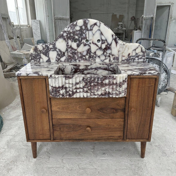 Viola Marble Sink | Fluted Calacatta Viola Marble Vanity Basin with Backsplash and Wood Vanity, Small Batch Made to Order hover