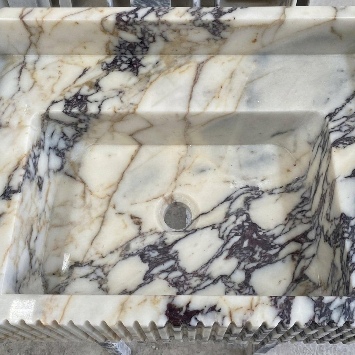 Fluted Calacatta Viola Floating Marble Basin with Backsplash and Hand Carved Detail, Small Batch Made to Order — view 10