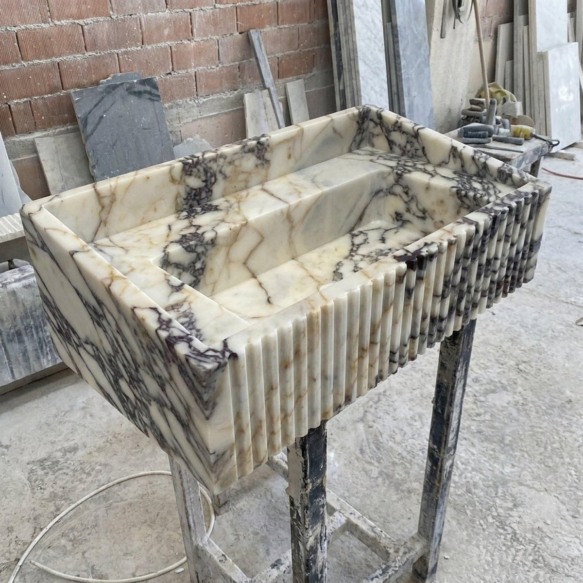 Fluted Calacatta Viola Floating Marble Basin with Backsplash and Hand Carved Detail, Small Batch Made to Order — view 11