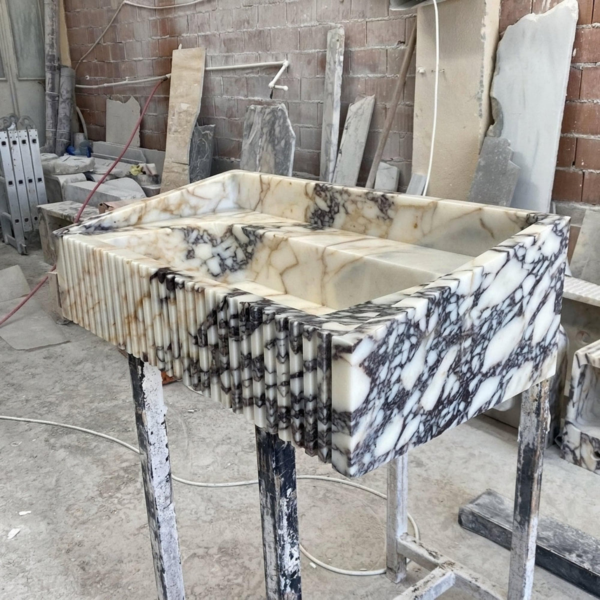 Fluted Calacatta Viola Floating Marble Basin with Backsplash and Hand Carved Detail, Small Batch Made to Order — view 2
