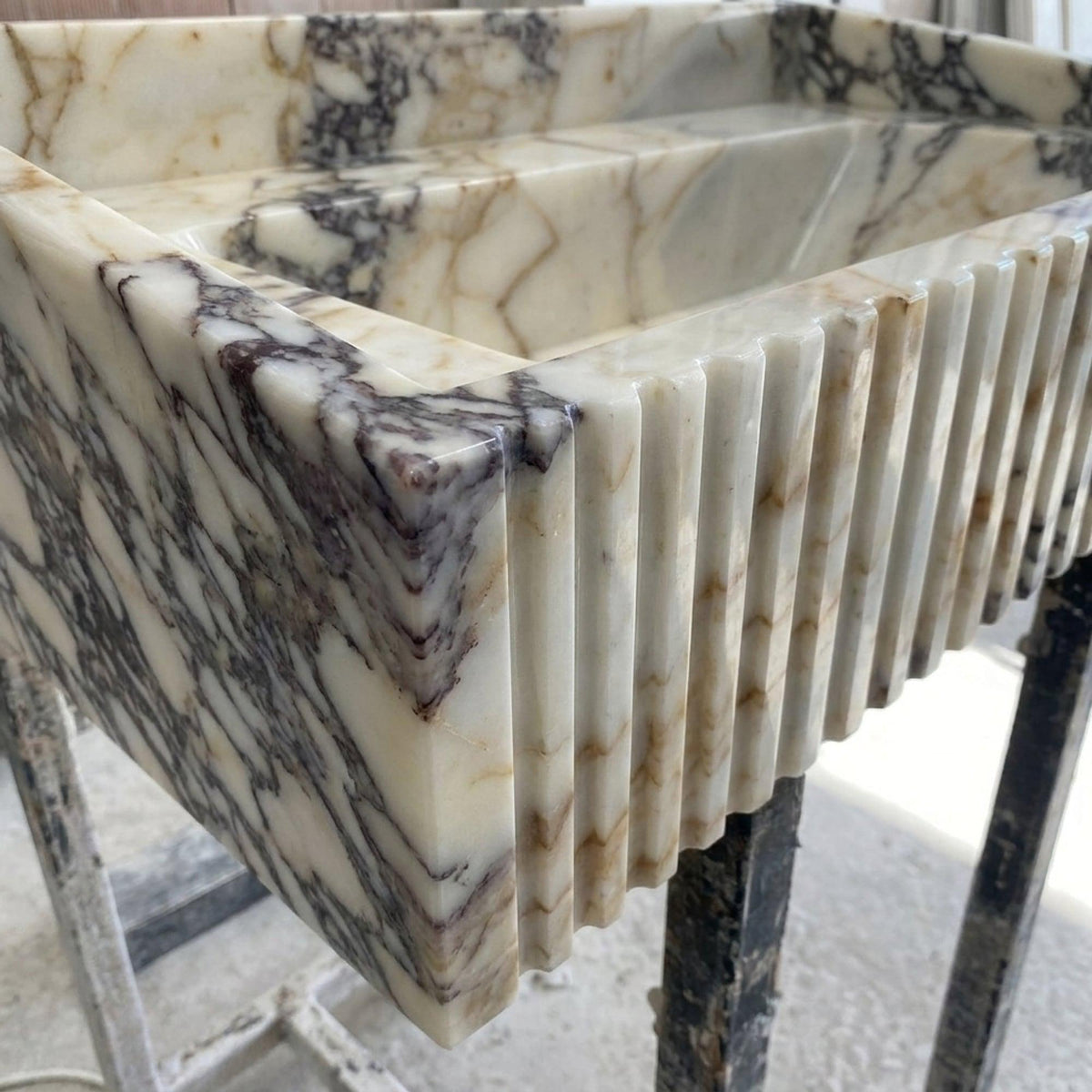 Fluted Calacatta Viola Floating Marble Basin with Backsplash and Hand Carved Detail, Small Batch Made to Order — view 12