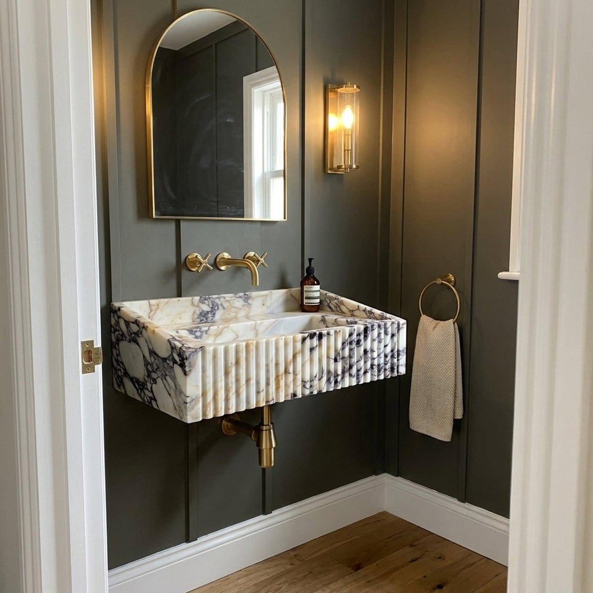 Fluted Calacatta Viola Floating Marble Basin with Backsplash and Hand Carved Detail, Small Batch Made to Order — view 1