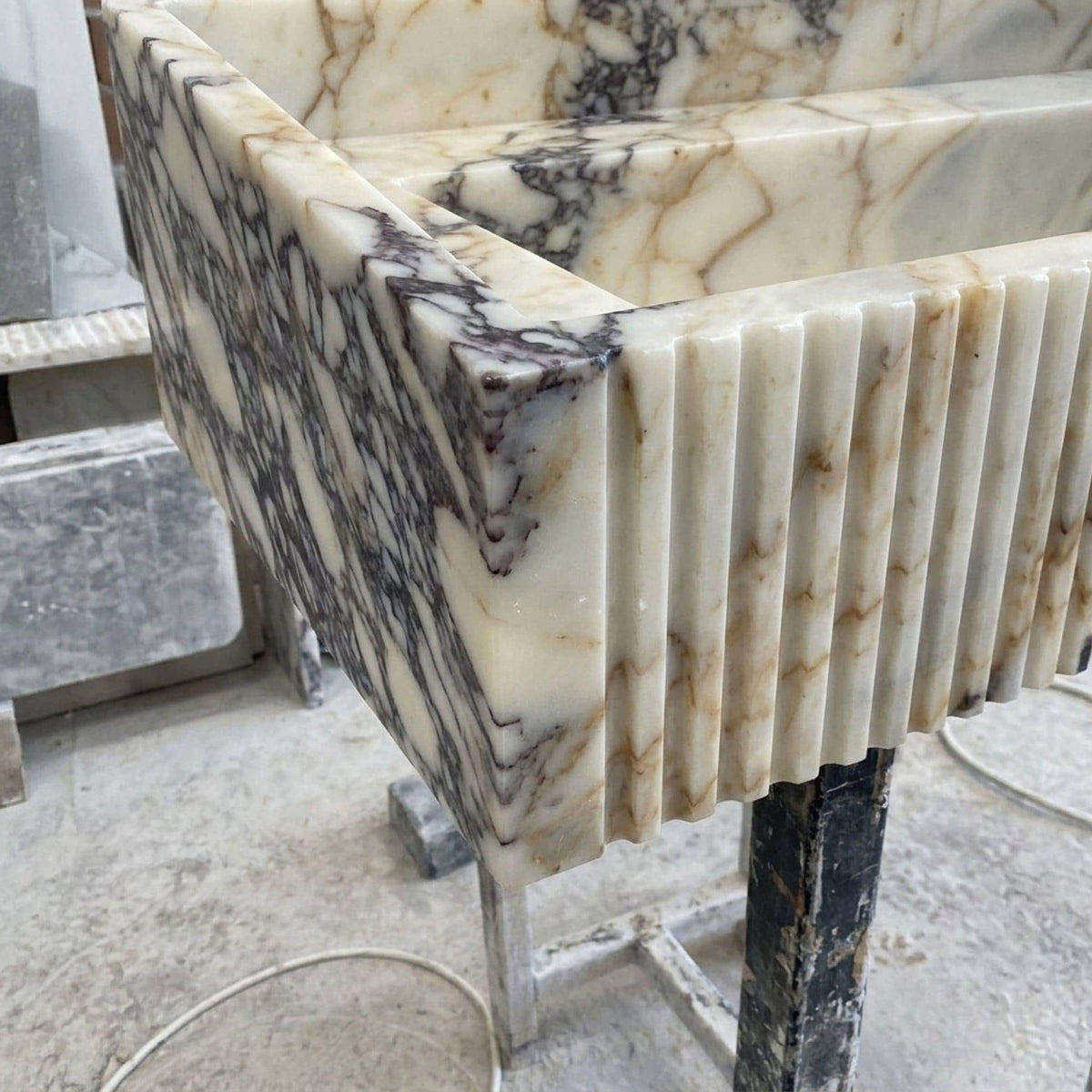 Fluted Calacatta Viola Floating Marble Basin with Backsplash and Hand Carved Detail, Small Batch Made to Order — view 13