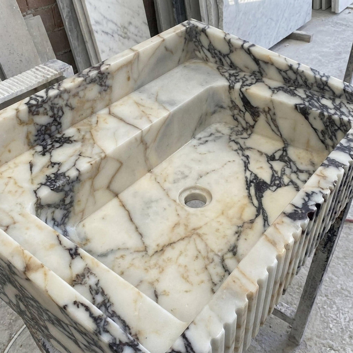 Fluted Calacatta Viola Floating Marble Basin with Backsplash and Hand Carved Detail, Small Batch Made to Order — view 14