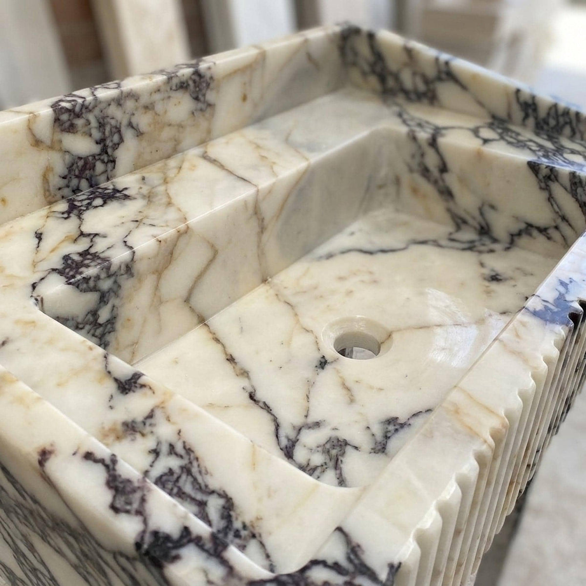 Fluted Calacatta Viola Floating Marble Basin with Backsplash and Hand Carved Detail, Small Batch Made to Order — view 4