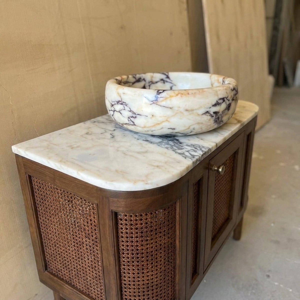 Viola Sink | Hand Carved Calacatta Viola Marble Vanity Basin with Wood Vanity, Small Batch Made to Order — view 12