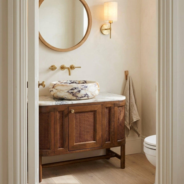 Viola Sink | Hand Carved Calacatta Viola Marble Vanity Basin with Wood Vanity, Small Batch Made to Order hover