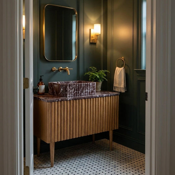Fluted Rosso Levanto Marble Vanity Basin with Wood Vanity and Hand Carved Detail, Limited Small Batch Craft hover
