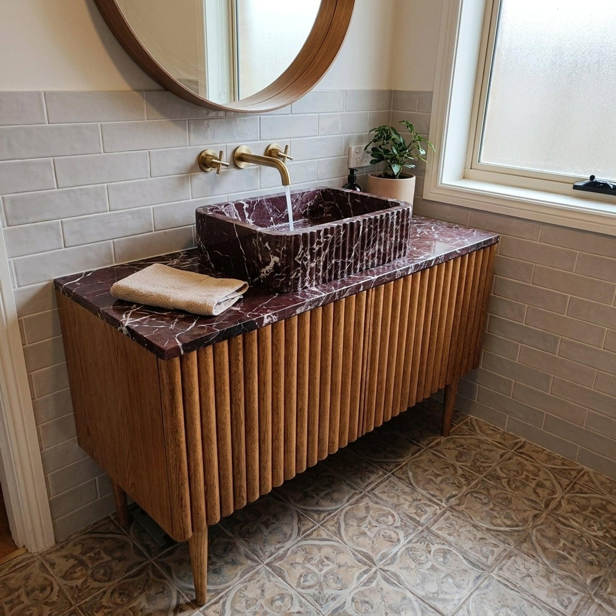 Fluted Rosso Levanto Marble Vanity Basin with Wood Vanity and Hand Carved Detail, Limited Small Batch Craft — view 13