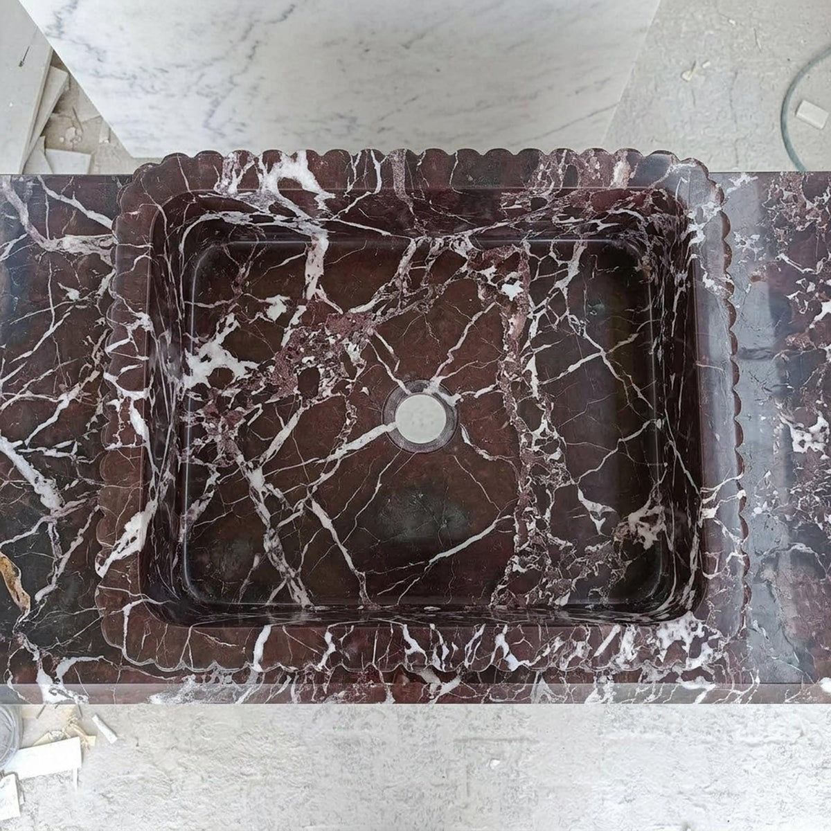 Fluted Rosso Levanto Marble Vanity Basin with Wood Vanity and Hand Carved Detail, Limited Small Batch Craft — view 5