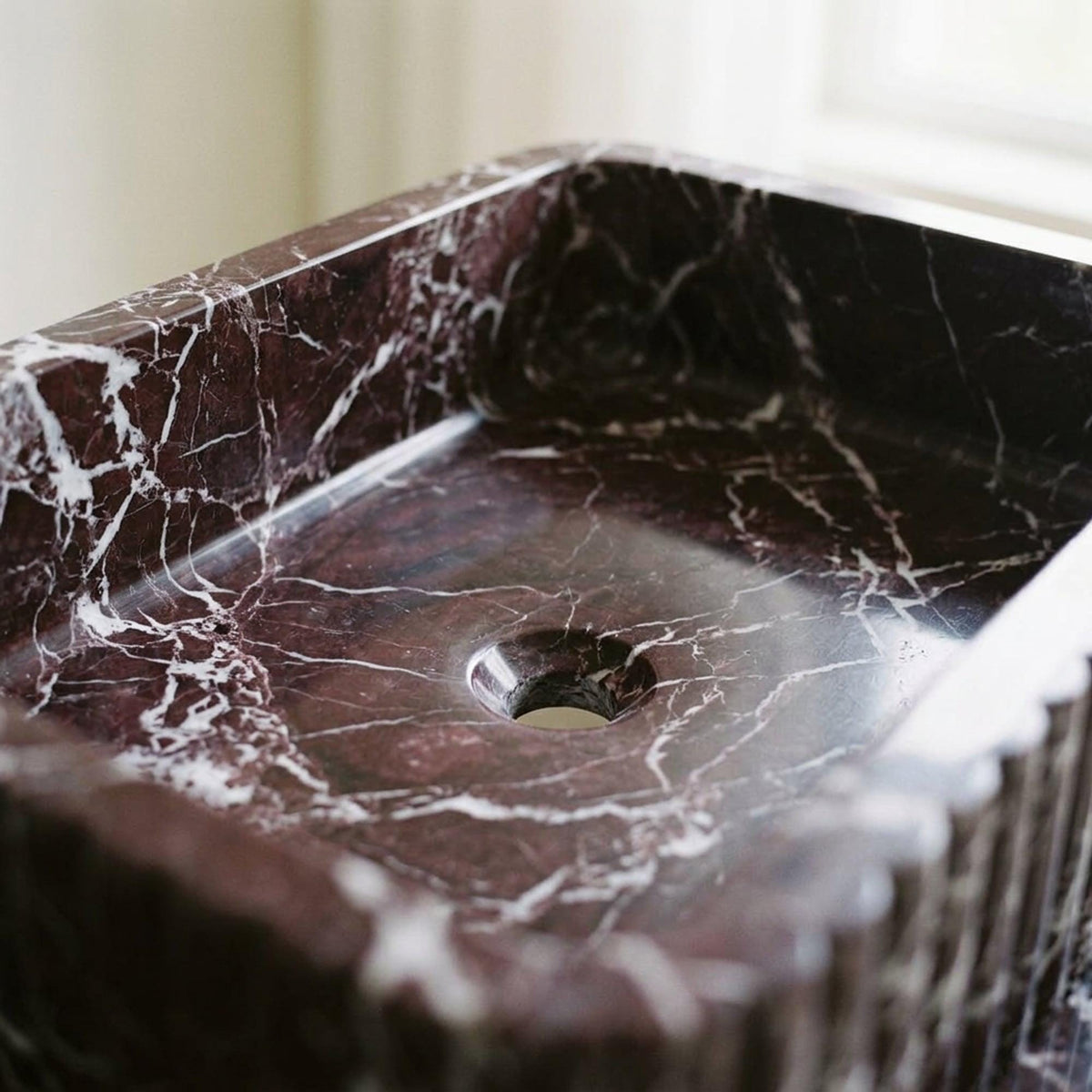 Fluted Rosso Levanto Marble Vanity Basin with Wood Vanity and Hand Carved Detail, Limited Small Batch Craft — view 12