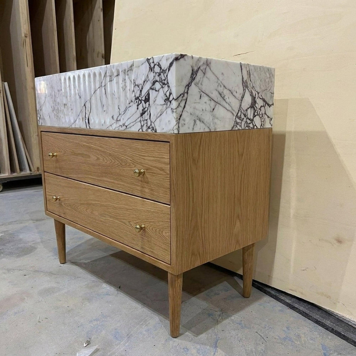 Fluted Calacatta Viola Marble Vanity Basin with Wood Vanity and Hand Carved Detail, Small Batch Made to Order — view 5