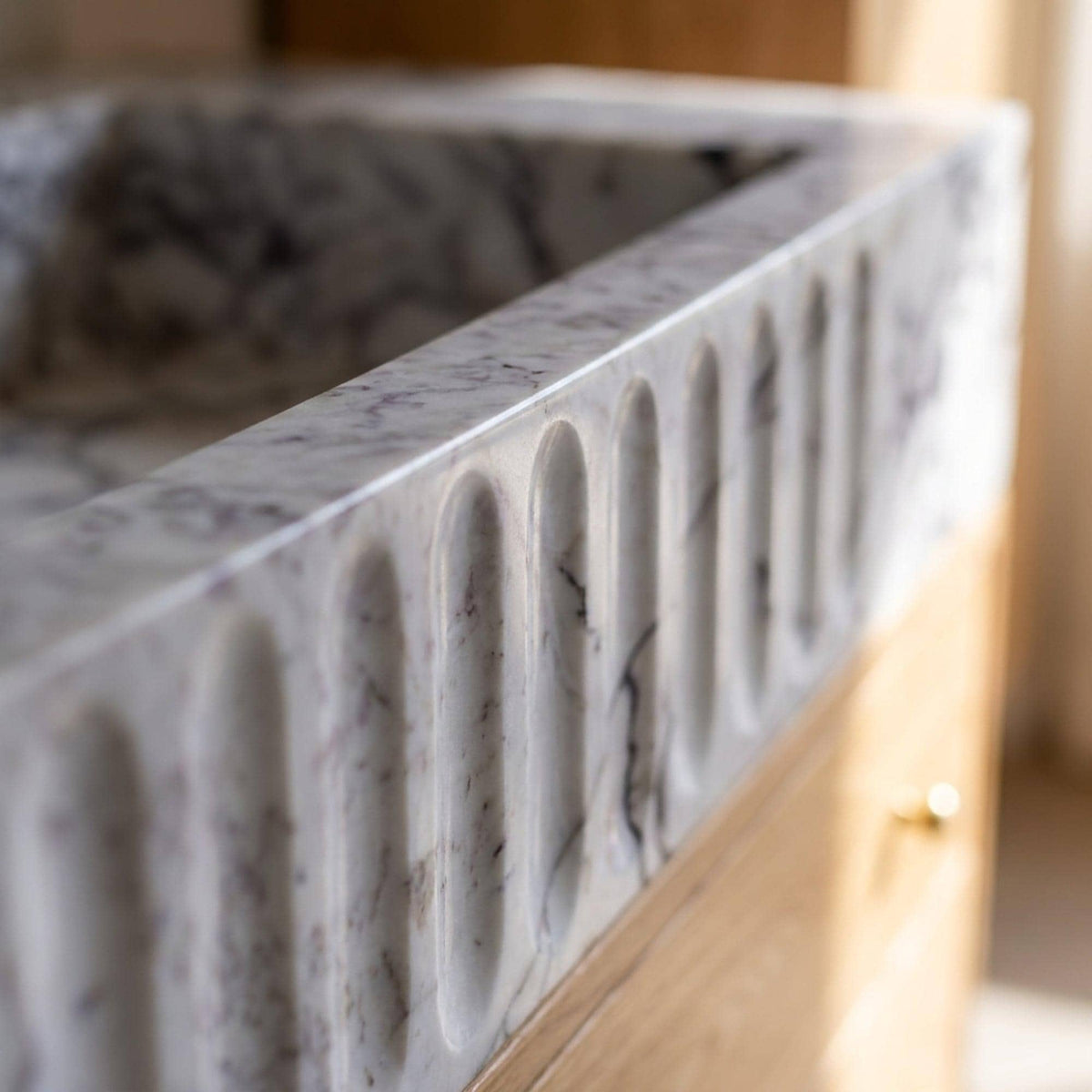Fluted Calacatta Viola Marble Vanity Basin with Wood Vanity and Hand Carved Detail, Small Batch Made to Order — view 4