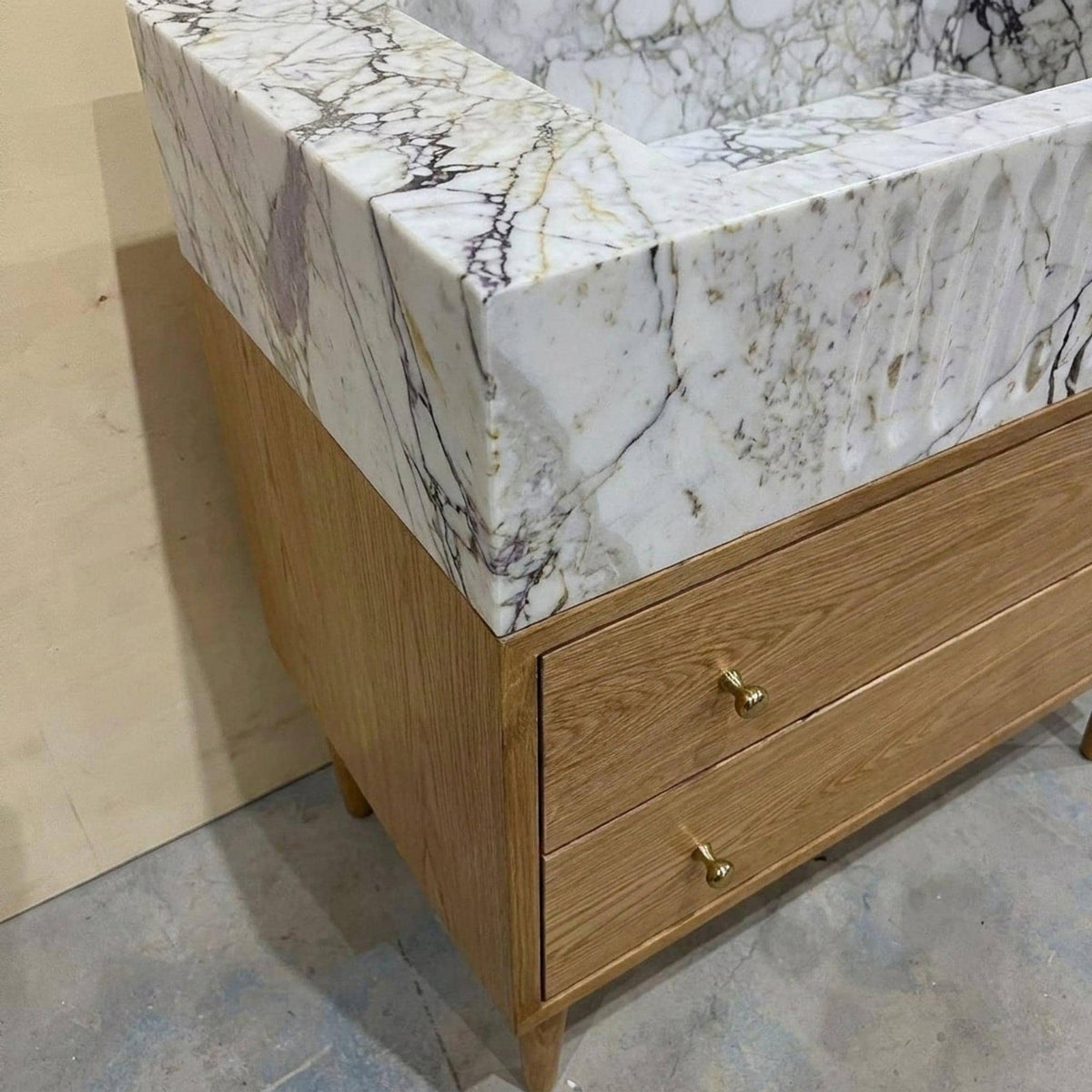 Fluted Calacatta Viola Marble Vanity Basin with Wood Vanity and Hand Carved Detail, Small Batch Made to Order — view 16