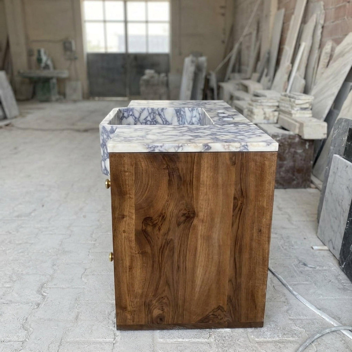 Viola Marble Sink | Hand Carved Calacatta Viola Marble Vanity Basin with Wood Vanity, Made in Small Batches — view 4